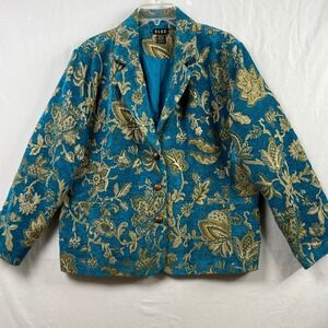ELCC Tapestry Blazer Womens 1X Teal Gold Floral Brocade Lined Button Up Jacket